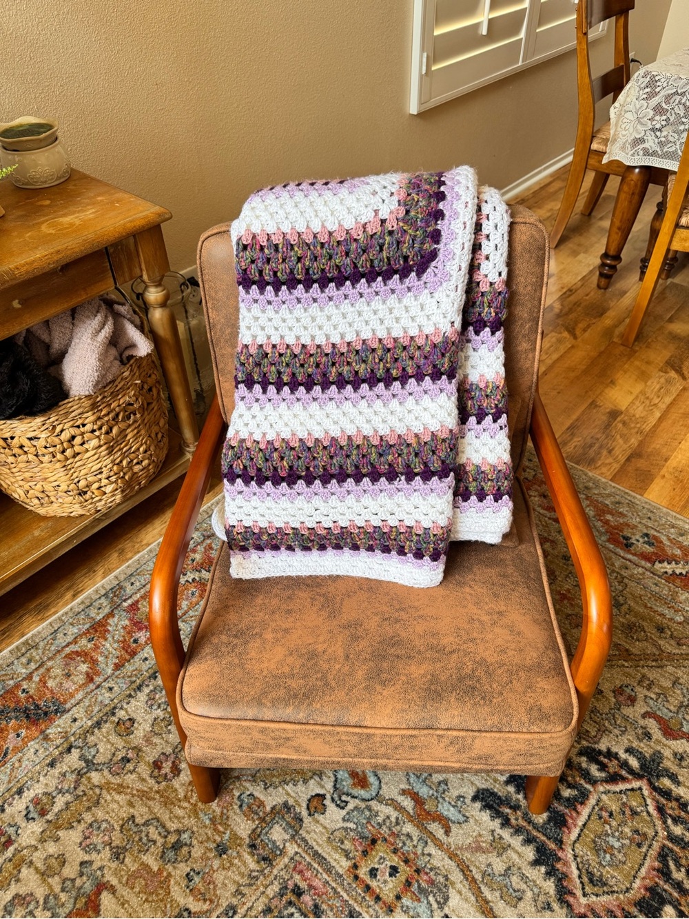 Extra Large Handmade Crochet Throw 67x62 Purple Granny Square Farmhouse Boho